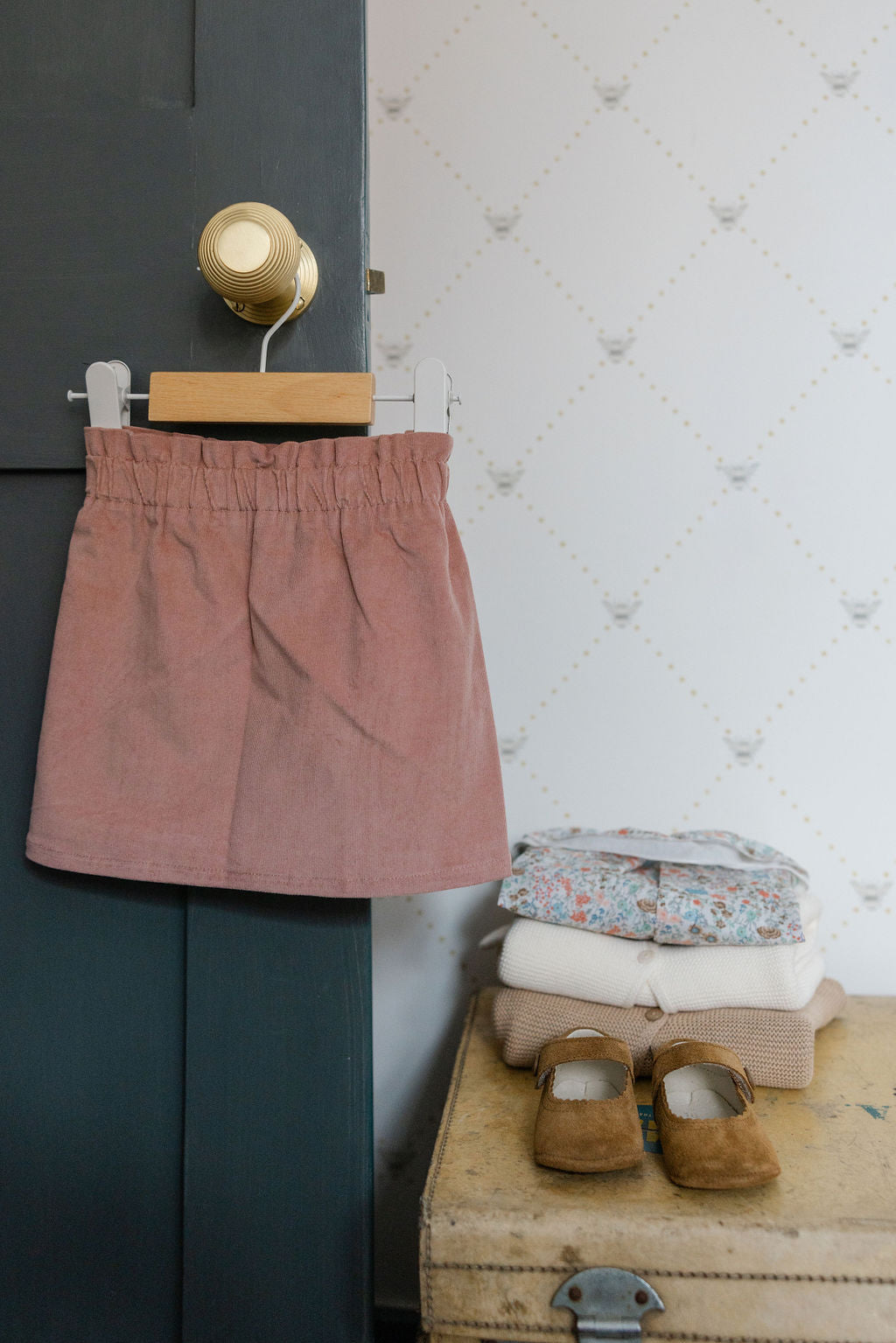 Pink skirt hanging on a wardrobe next to a wooden chest with shoes and folded clothes.