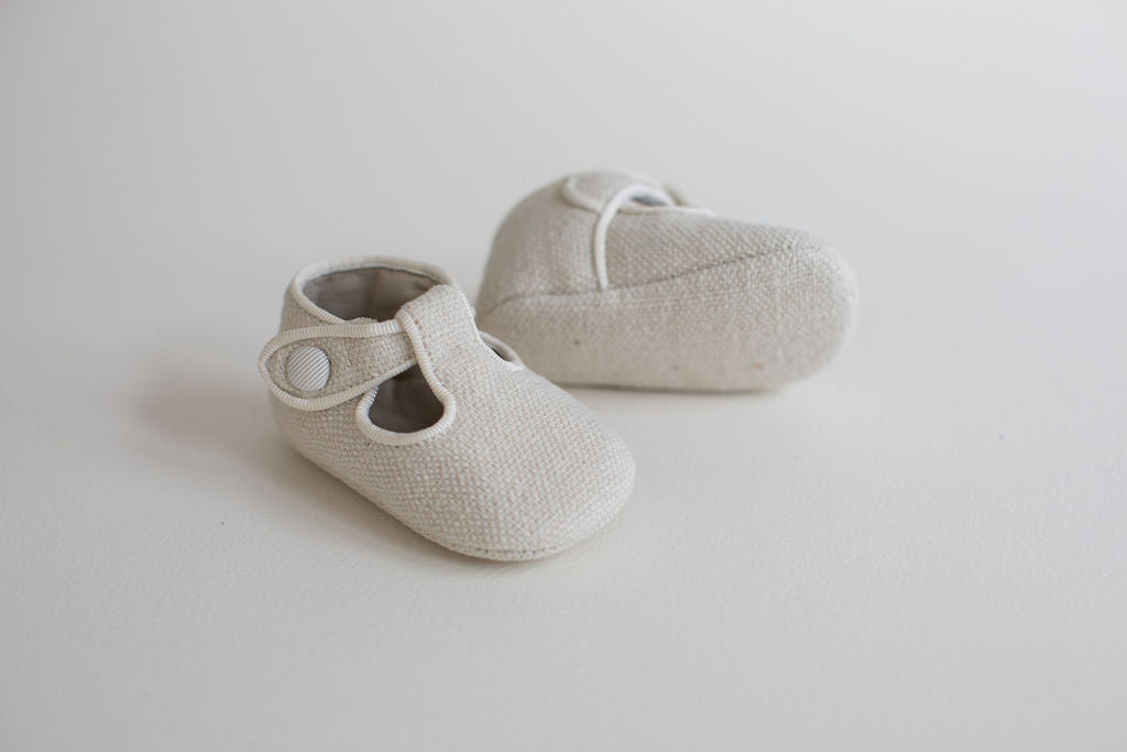 Linen T-bar pram shoes in Ivory