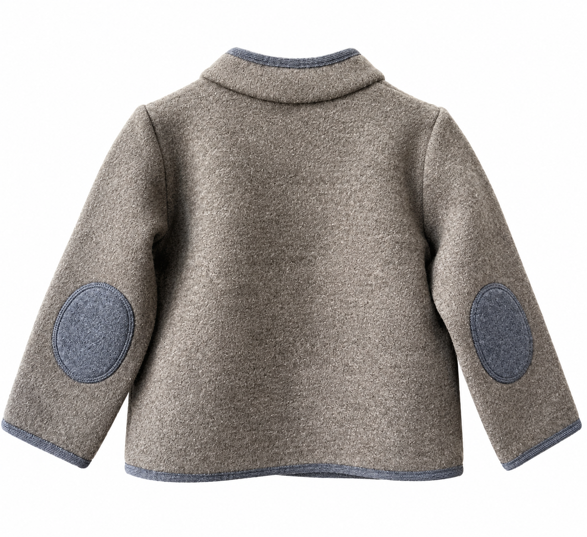 A children's wool-blend jacket shown from the back, featuring a warm taupe-brown body with contrasting dark gray trim and circular patcheloe elbow patches.
