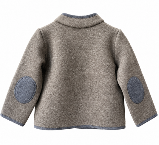 A children's wool-blend jacket shown from the back, featuring a warm taupe-brown body with contrasting dark gray trim and circular patcheloe elbow patches.