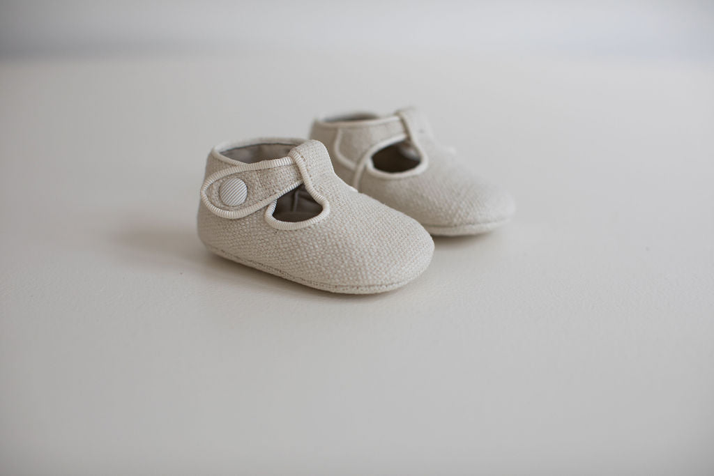 Linen T-bar pram shoes in Ivory