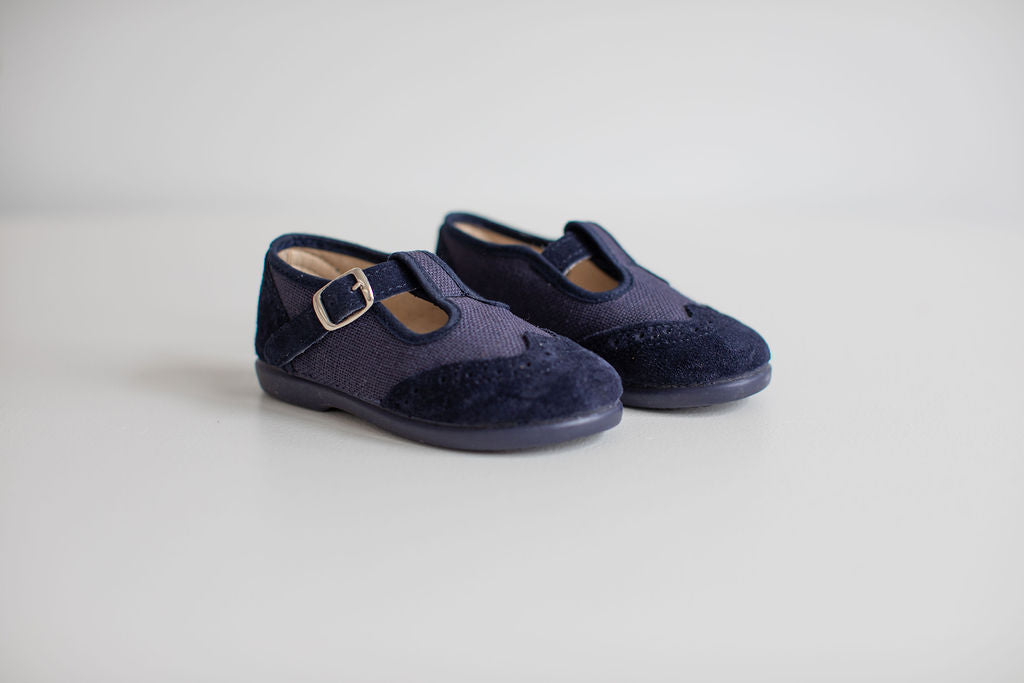 Navy linen T-bar shoes