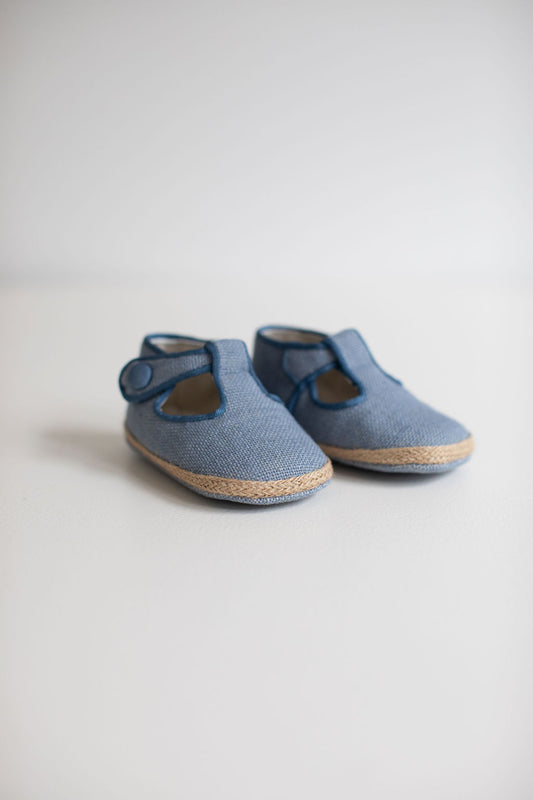 Linen T-bar pram shoes in blue