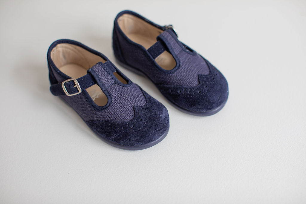 Navy linen T-bar shoes