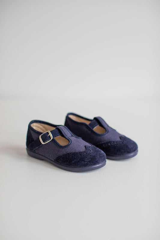 Navy linen T-bar shoes